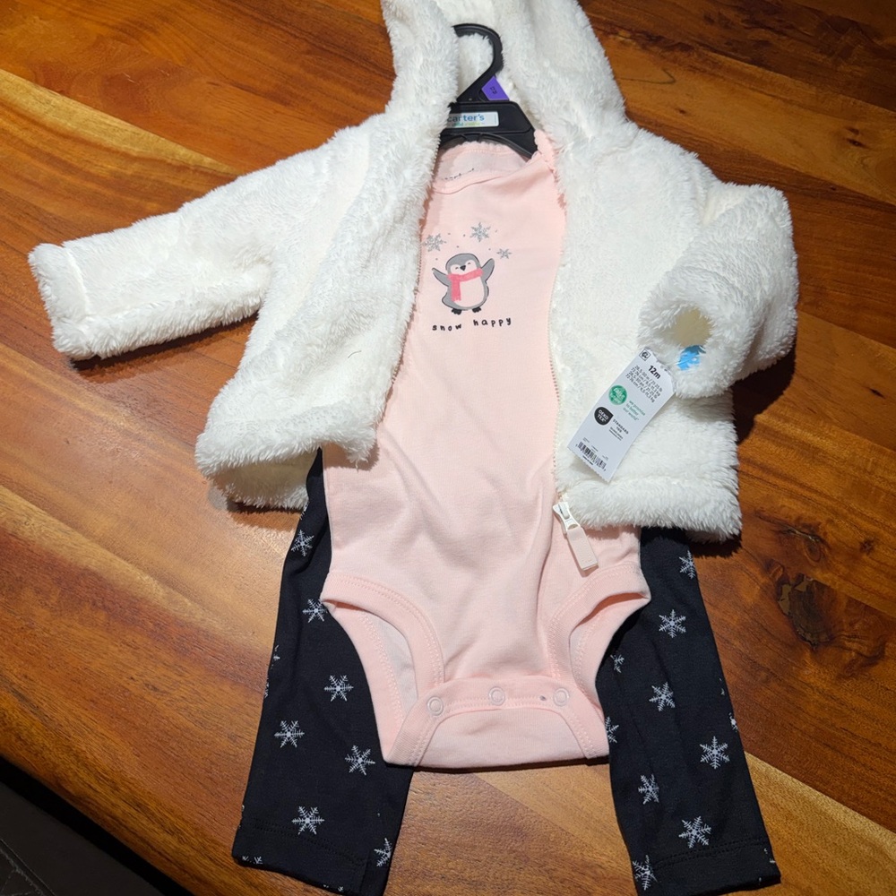 Carter's Pink and Black Penguin Bodysuit Set